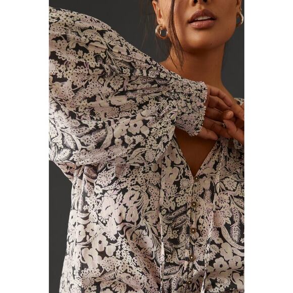 Anthropologie Peasant Ruffle Blouse Black Motif Cotton Boho Top Sz XS - Picture 7 of 10